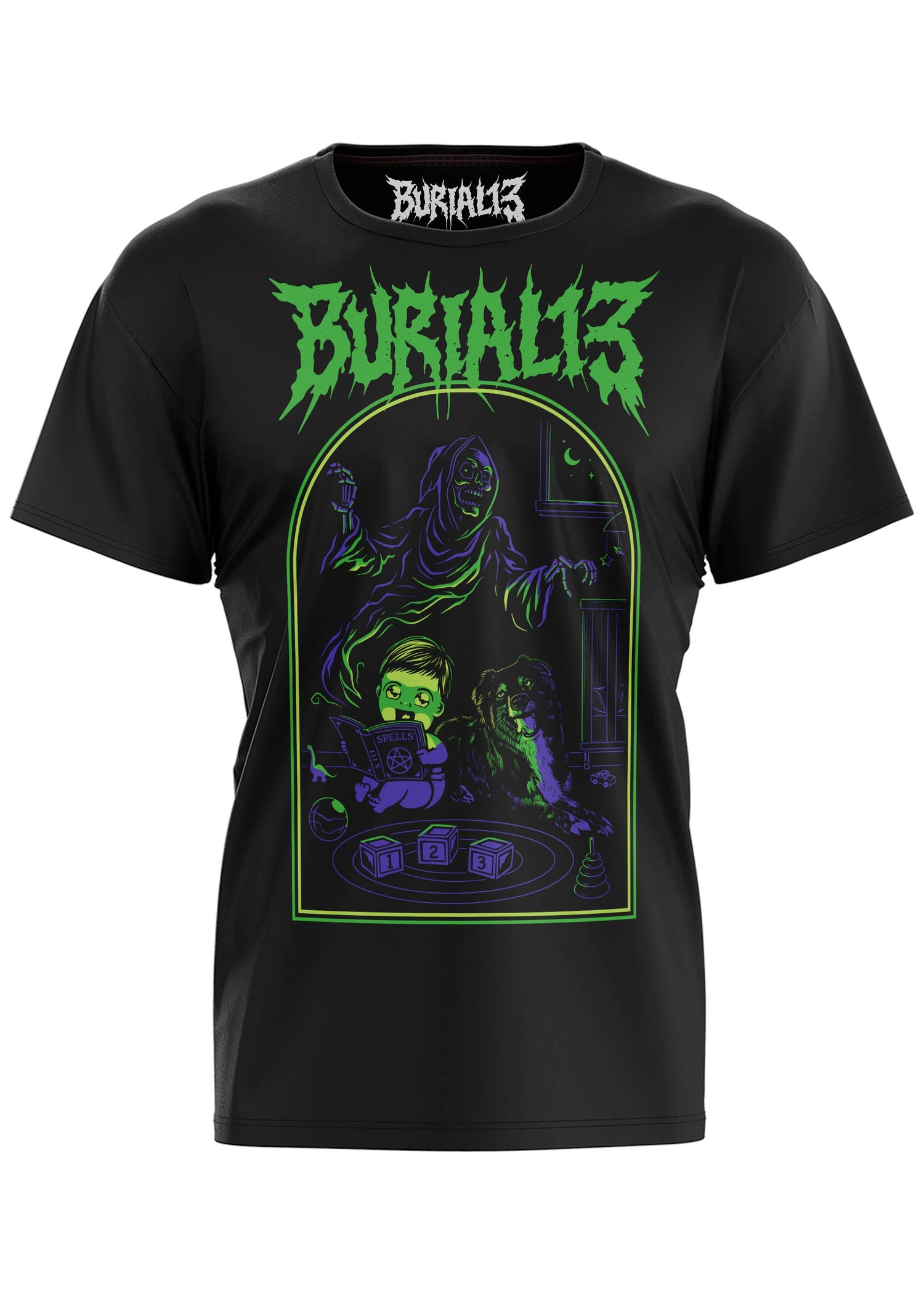 Schwarzes T-Shirt mit neongrünem und lilafarbenem, gruseligem Grafikdruck.