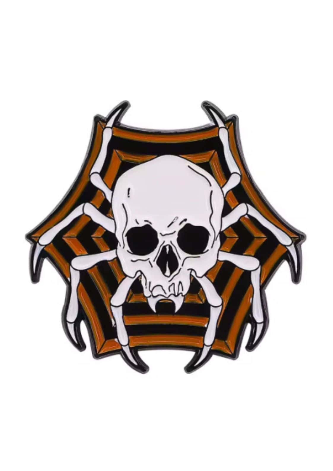 Black and white spider skull pin with orange web design in gothic horror style