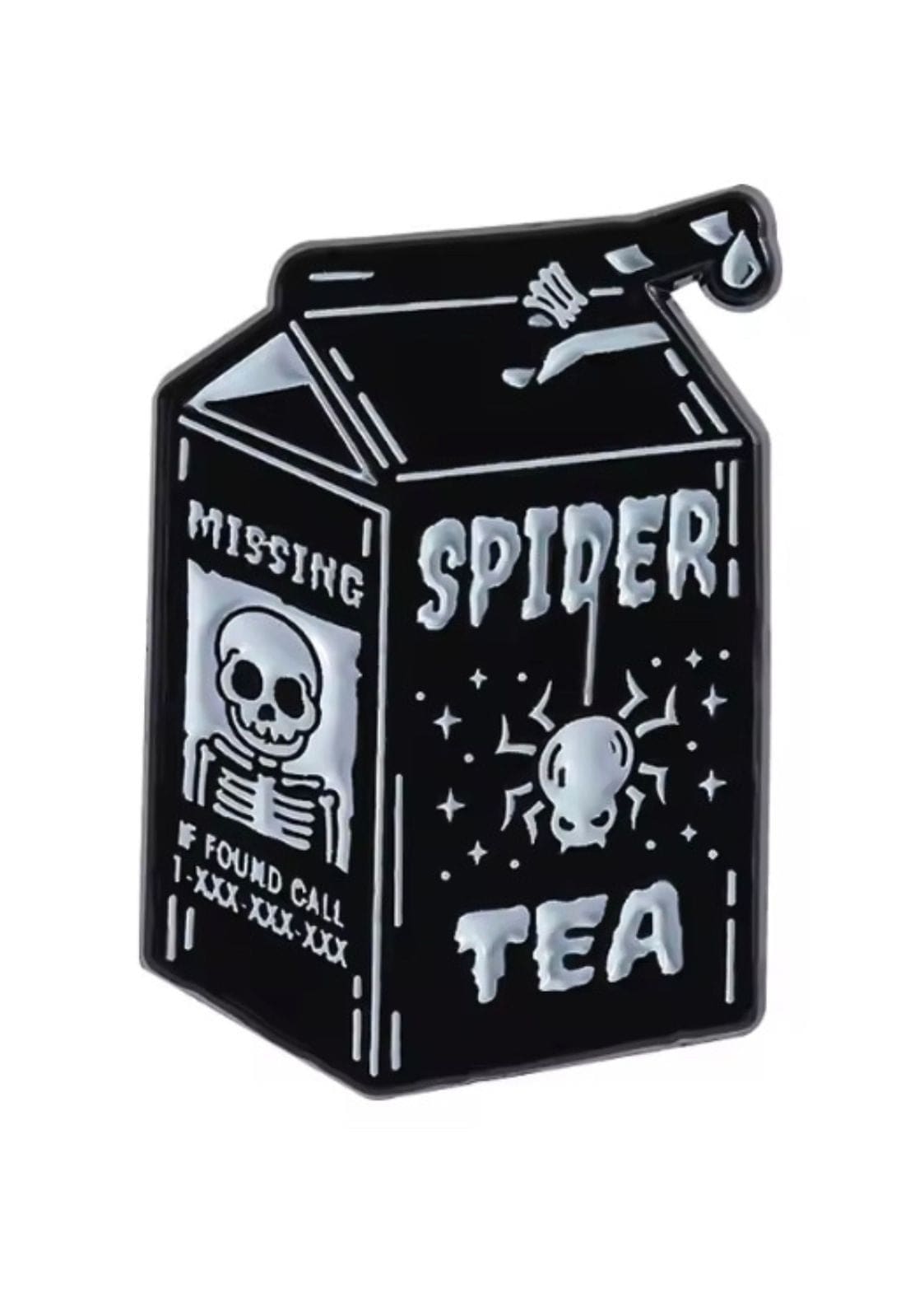 Schwarz-weißes Spinnen-Teekarton-Pin mit Skelett-Design.