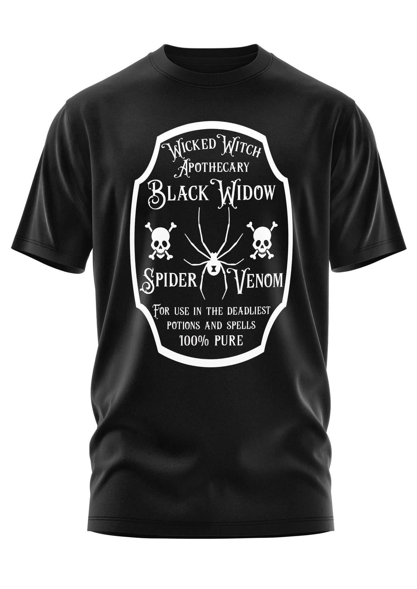Schwarzes kurzarmshirt mit weißem gothic grafikprint einer schwarzen witwe spinne und horror schädeln