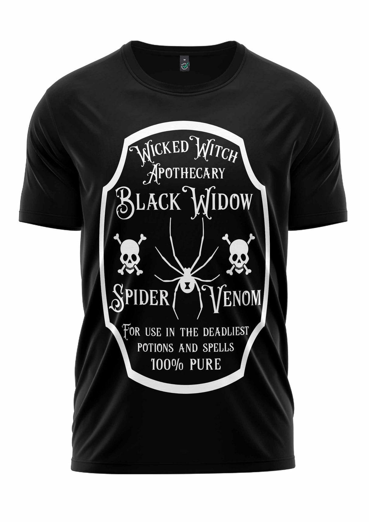 Schwarzes T-Shirt mit weißem Design des Spinnen-Gift-Labels