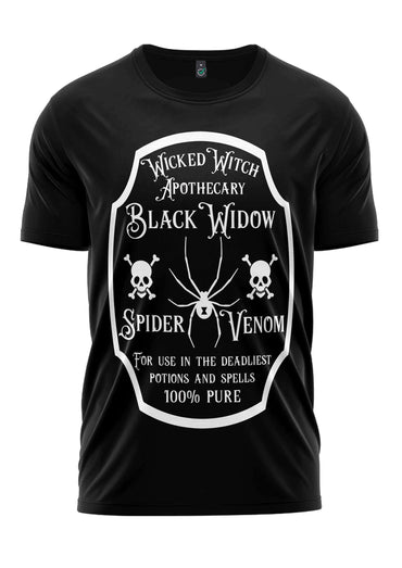 Schwarzes gothic t-shirt mit weißem spider venom schriftzug für horror fans
