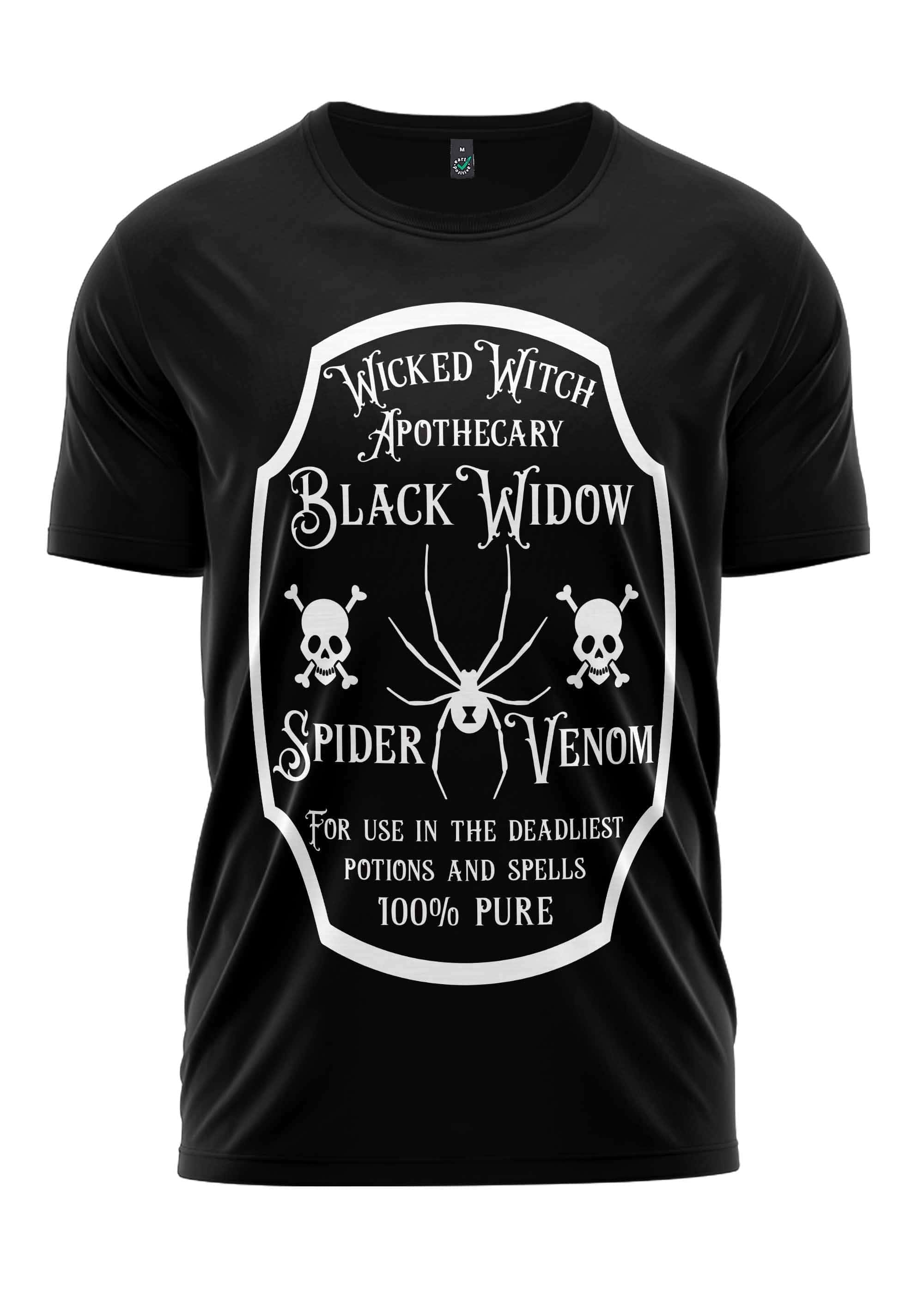 Schwarzes gothic t-shirt mit weißem spider venom schriftzug für horror fans