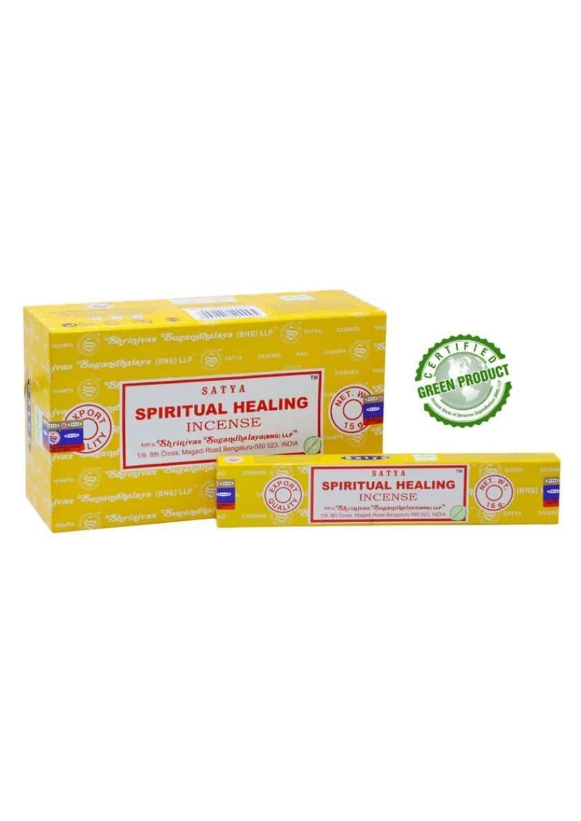 Gelbe rechteckige box satya spiritual healing räucherstäbchen ideal für gothic kleidung und horror atmosphäre