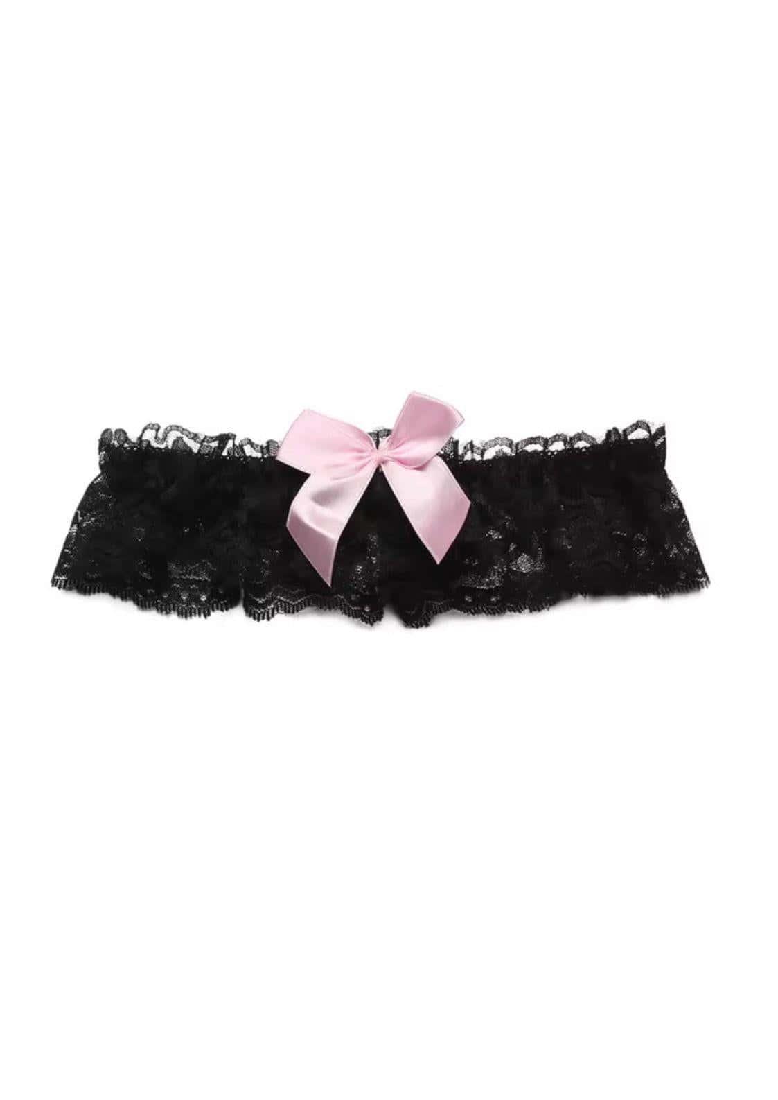 Schwarzes spitzen strumpfband mit rosa satin schleife gothic kleidung ideal für horror outfits
