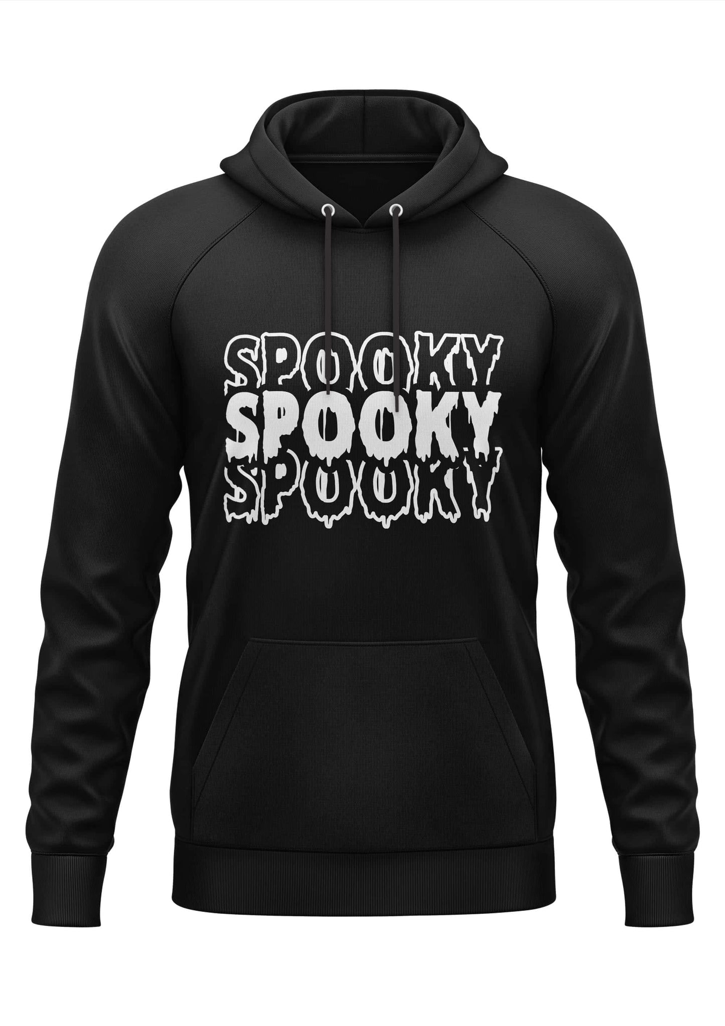Schwarzer hoodie mit weißem spooky schriftzug in tropfender gothic schrift für horror fans
