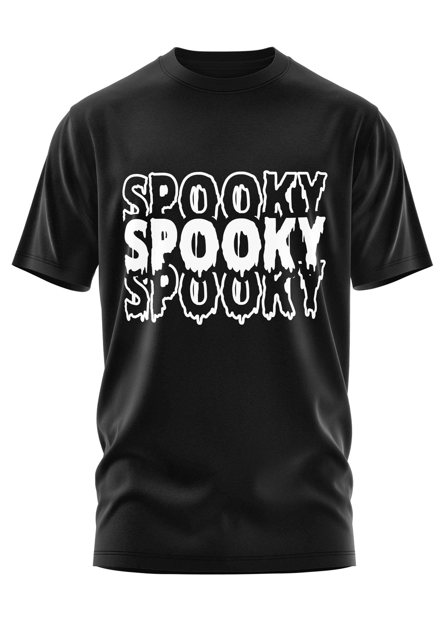 Schwarzes kurzärmeliges gothic t-shirt spooky shirt mit weißem horror-text in tropfender schrift auf der brust