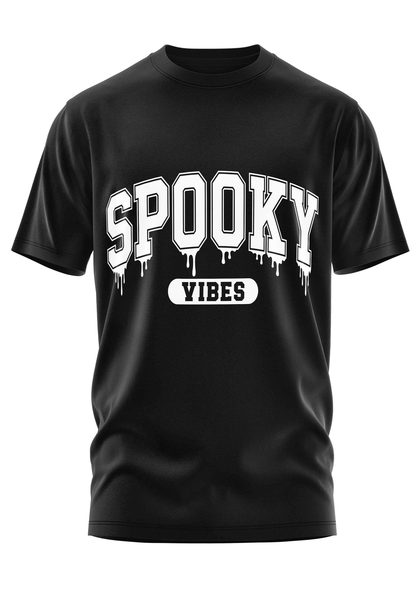 Schwarzes kurzarmshirt mit weißem dripping gothic horror schriftzug spooky vibes im collegiate stil