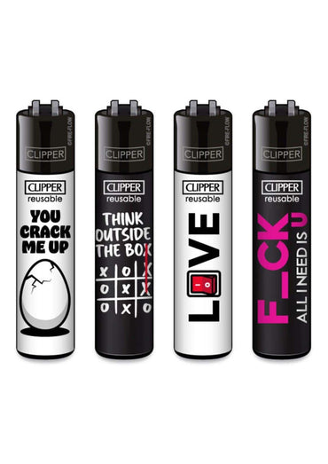 Vier schwarze und weiße clipper feuerzeuge mit humorvollen designs im gothic horror stil ideal für gothic kleidung fans