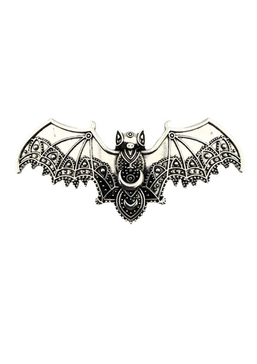 Silberne bat-förmige haarklammer strange bat mit gothischem horror-design und verzierter mondsichel