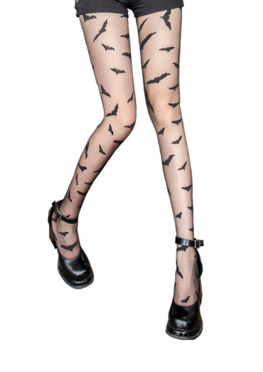 Schwarze strumpfhose mit fledermausmuster aus transparentem material mit düsteren akzenten und floralen mustern