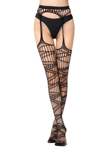 Schwarze strumpfhose holenet aus netzmaterial mit floraler musterung und düsteren akzenten am spitzenbund mit strapshaltern