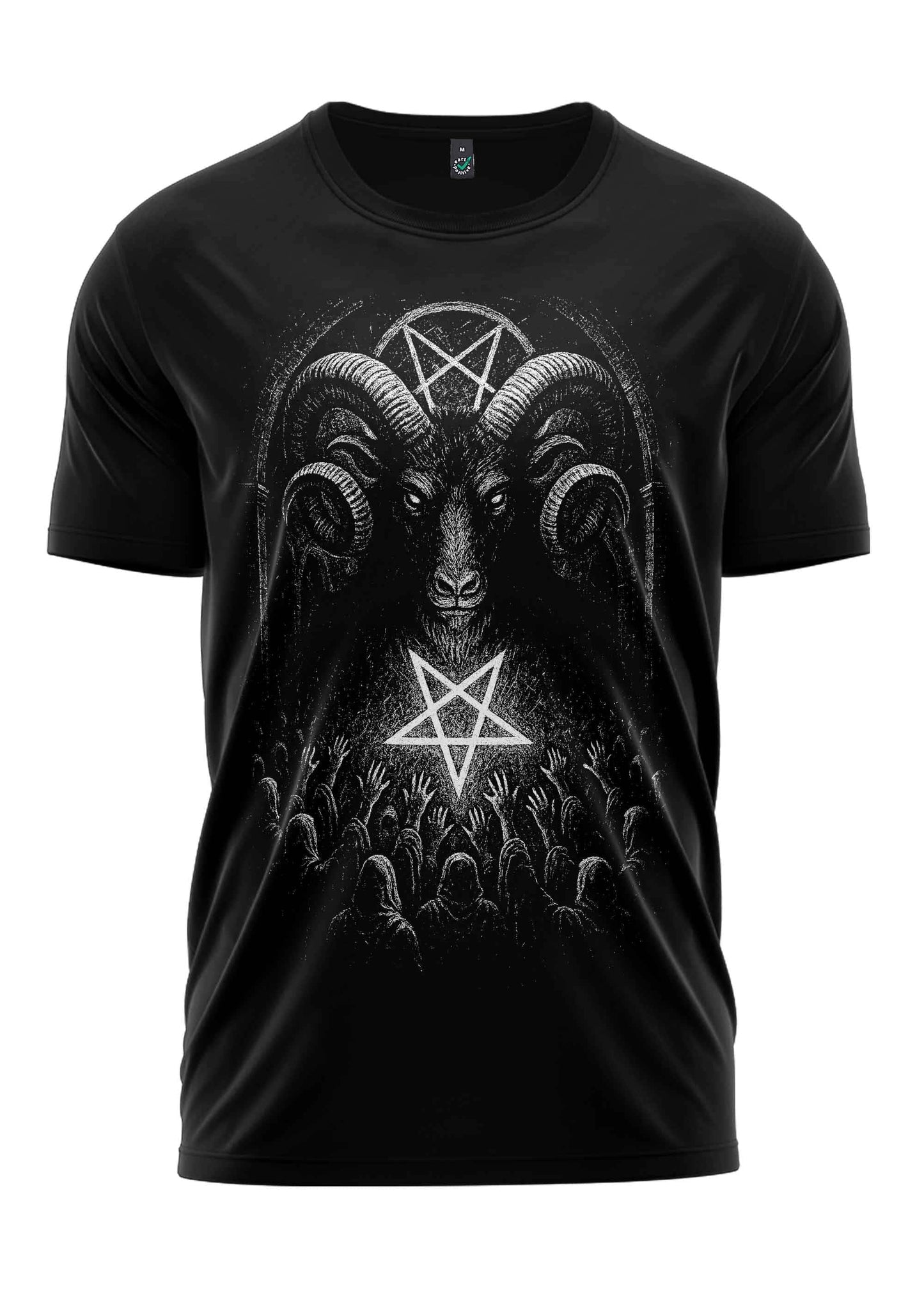Schwarzes short-sleeved shirt submission mit massivem ziegenkopf und leuchtenden pentagramm greift gaia lizenzierte bekleidung