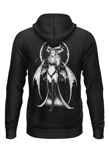 Schwarzer zip-hoodie mit gothic horror design einer geflügelten, gehörnten figur auf der rückseite
