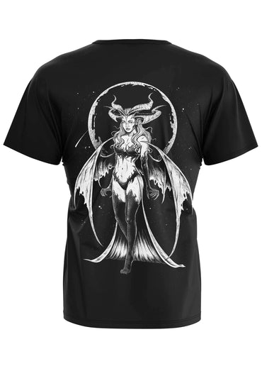 Schwarzes kurzarm-shirt mit gothic horror backprint einer geflügelten succubus vor mondmotiv