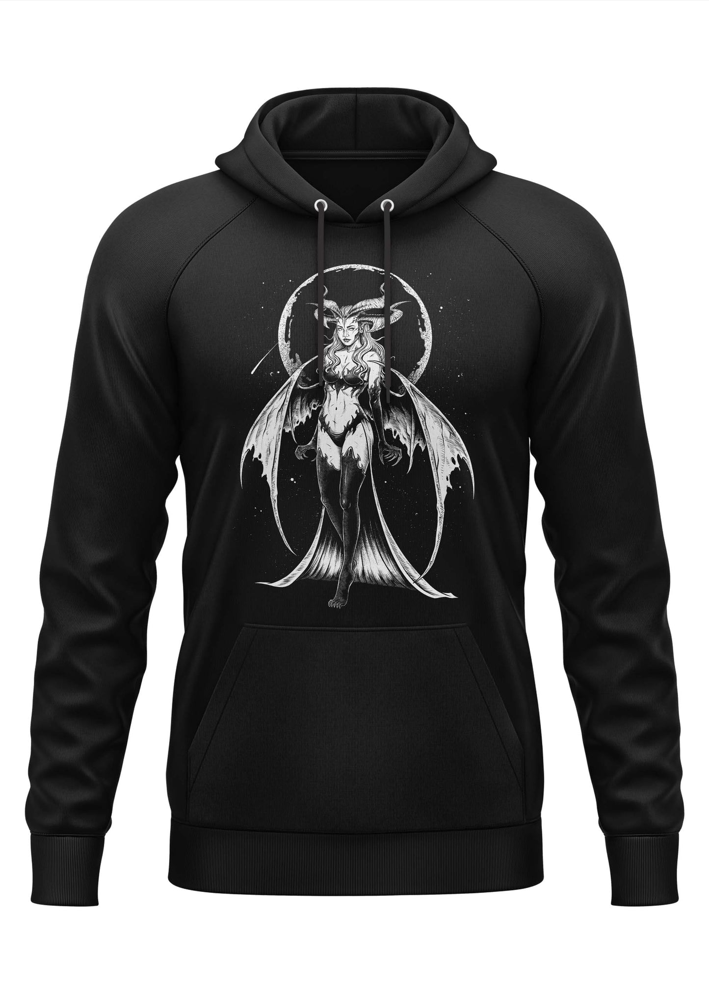 Schwarzer Gothic-Hoodie Succubus mit geflügeltem Hörner-Dämon vor Halo und Sternenhimmel