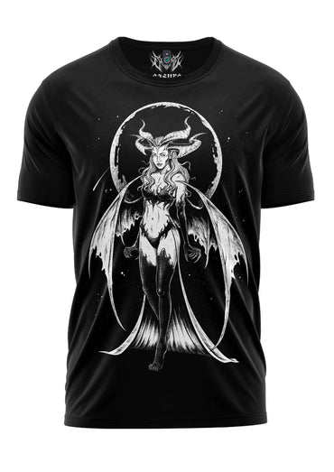 Schwarzes kurzarm-gothic-shirt mit weißem horror-design einer geflügelten, gehörnten figur auf rundem hintergrund