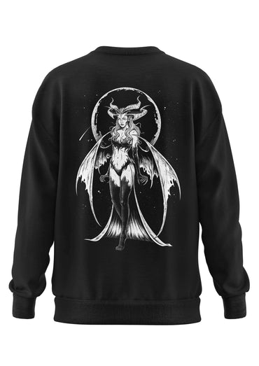 Schweres unisex sweatshirt in schwarz mit weißem lineart-design eines geflügelten hornigen succubus vor mond aus recyceltem polyester und strapazierfähigem stoff