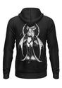 Schwarzer Kapuzenpulli mit Reißverschluss und weißer Grafik einer geflügelten Figur und einer Mondsichel, inspiriert von Fantasy oder Mythologie.