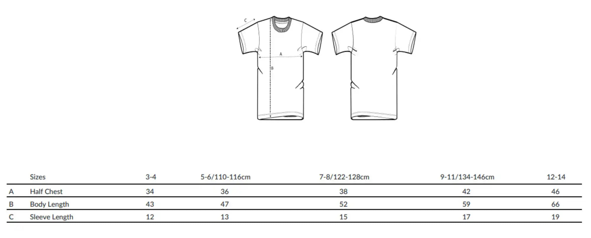 Größentabelle für T-Shirts.