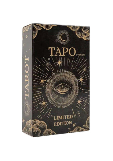 Schwarze und goldene tarot karten box mit irisierendem auge und sternen für tapo tarot limited edition lizenzierte bekleidung ltd