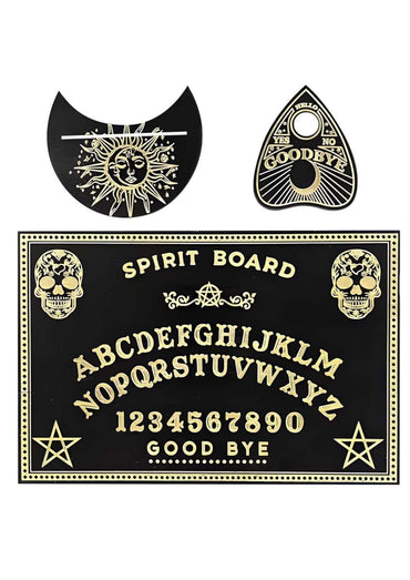 Tattoo schädel ouija board mit tiefschwarzem design und goldenen schriftzügen samt gothic spirit board elementen