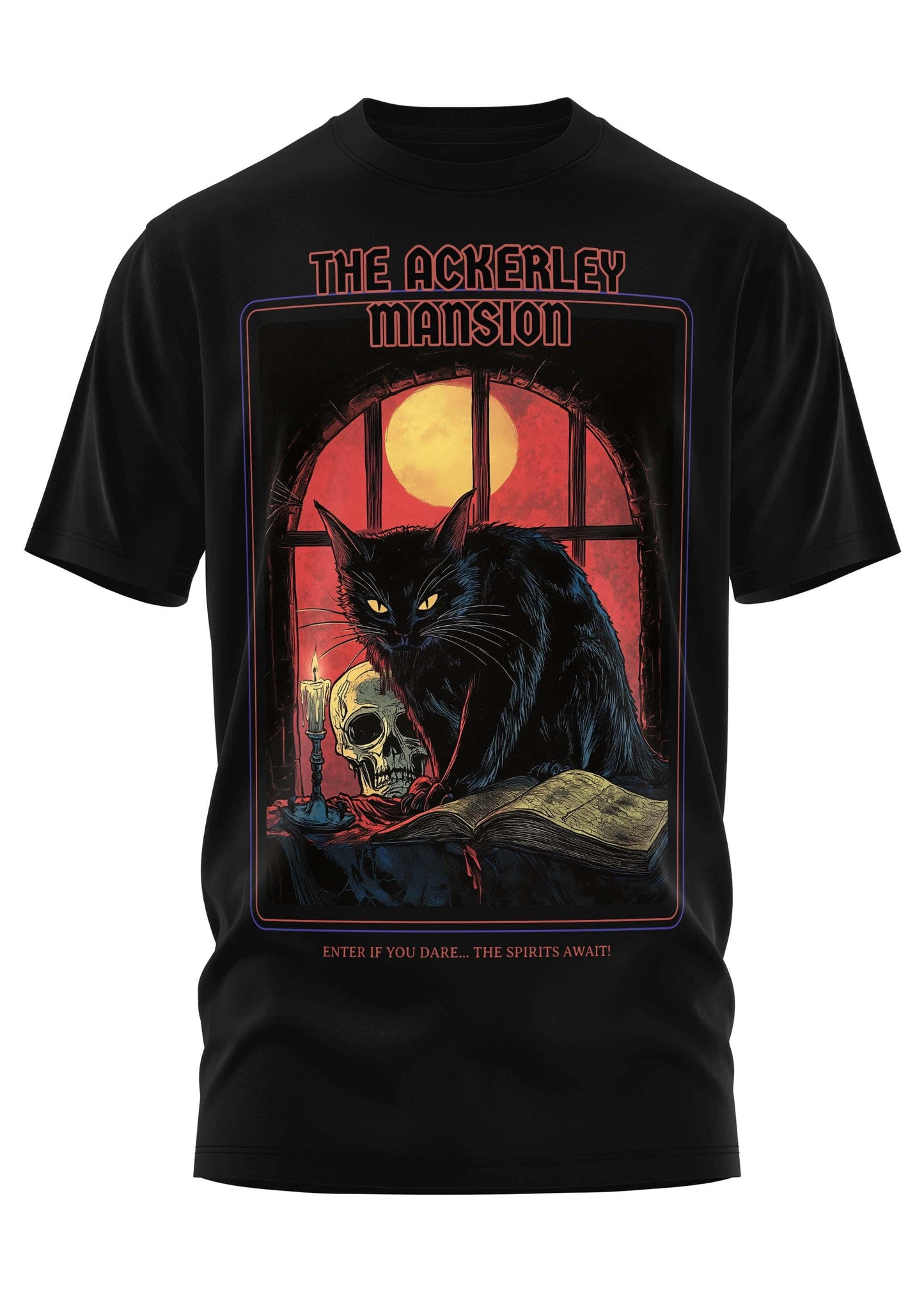 Schwarzes kurzarmshirt the ackerley mansion aus strapazierfähiger biologische baumwolle mit schwarzer katze und roter schrift