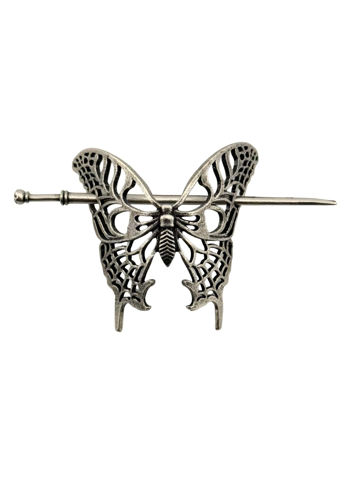 Silberner butterfly haarnadel mit filigranen spitzenflügelmustern und schlankem metallstift für gothic horror looks