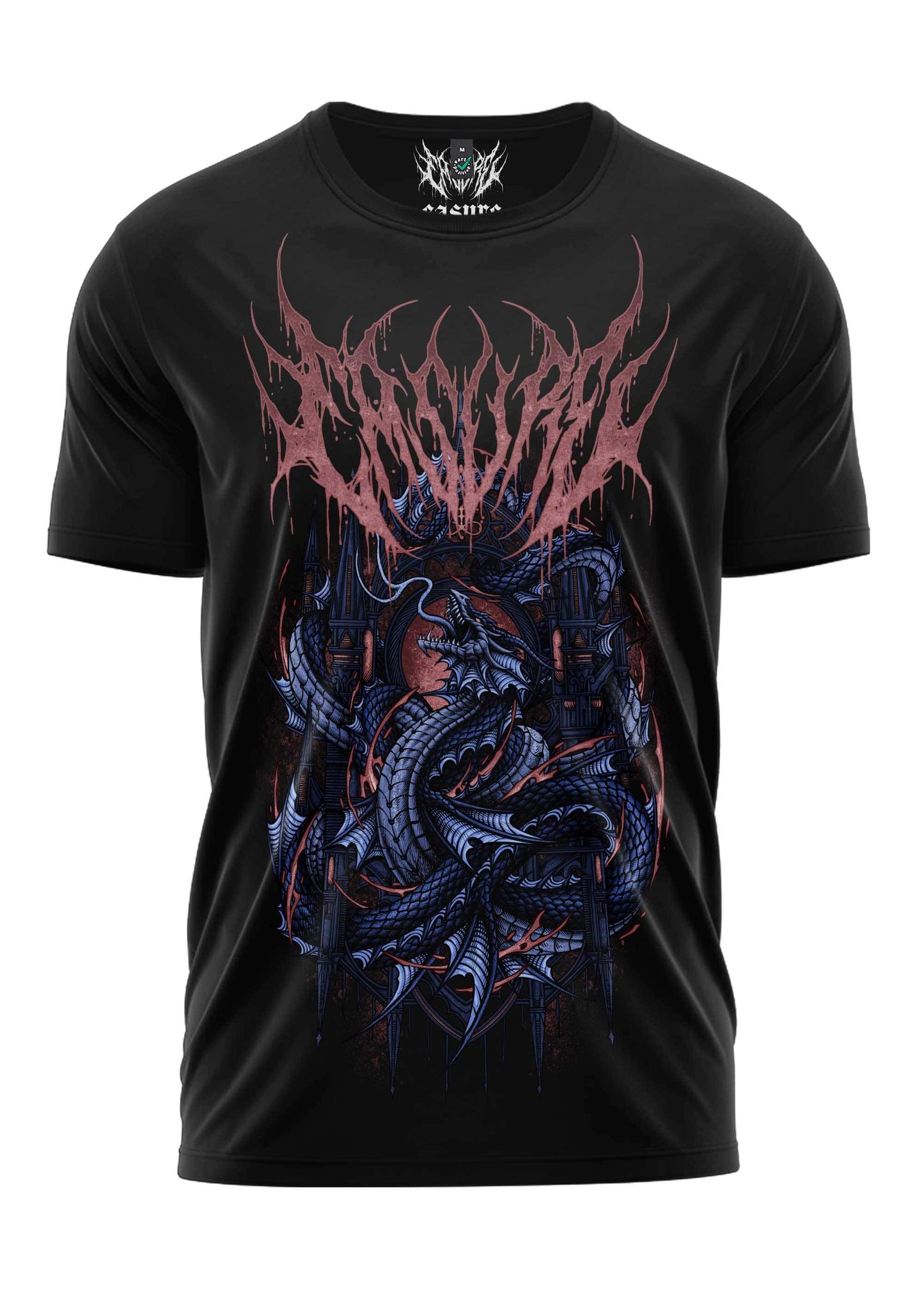 Schwarzes kurzarmshirt mit detaillierter grafik des drachen und tropfender rosa und dunkelblauer tintenoptik aus castle of the dragon dark art