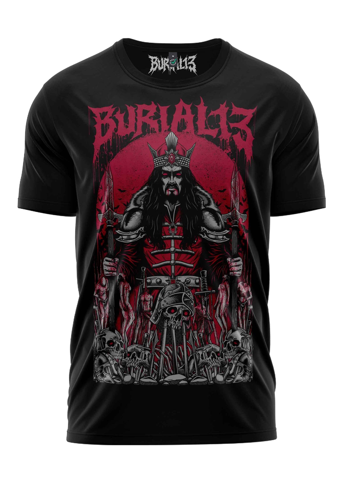 Schwarzes T-Shirt mit Samurai-Design in Rot und Grau, das die Marke „burial13“ prominent anzeigt.