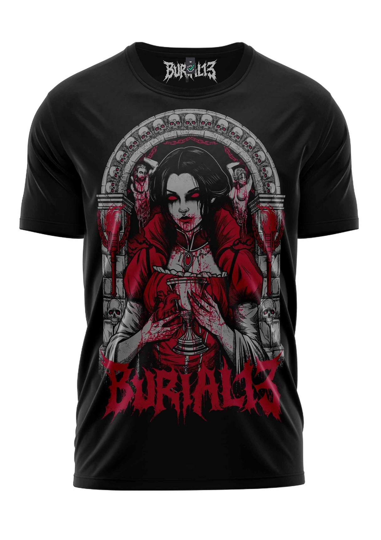 Schwarzes T-Shirt mit rot-weißem Grafikdesign, das eine gotische Figur mit Kelchen zeigt.