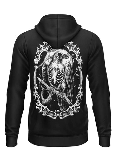 Schwarzer zip-hoodie mit detaillierter weißer grafik eines skelettkrähe am ast und gothischem scrollwork auf der rückenansicht