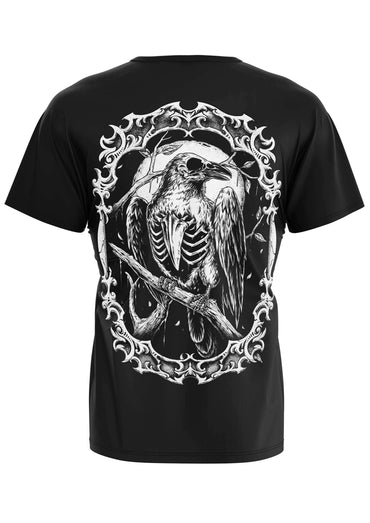 Schwarzes gothic bitte t-shirt mit weißem horror raben mit sichtbaren rippen und verzierter rückseite