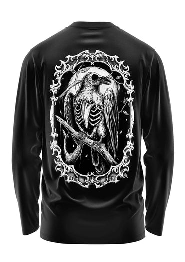 Schweres unisex t-shirt the crow mit weißer skelett rabenkunst auf strapazierfähigem stoff und dekorativem rahmen