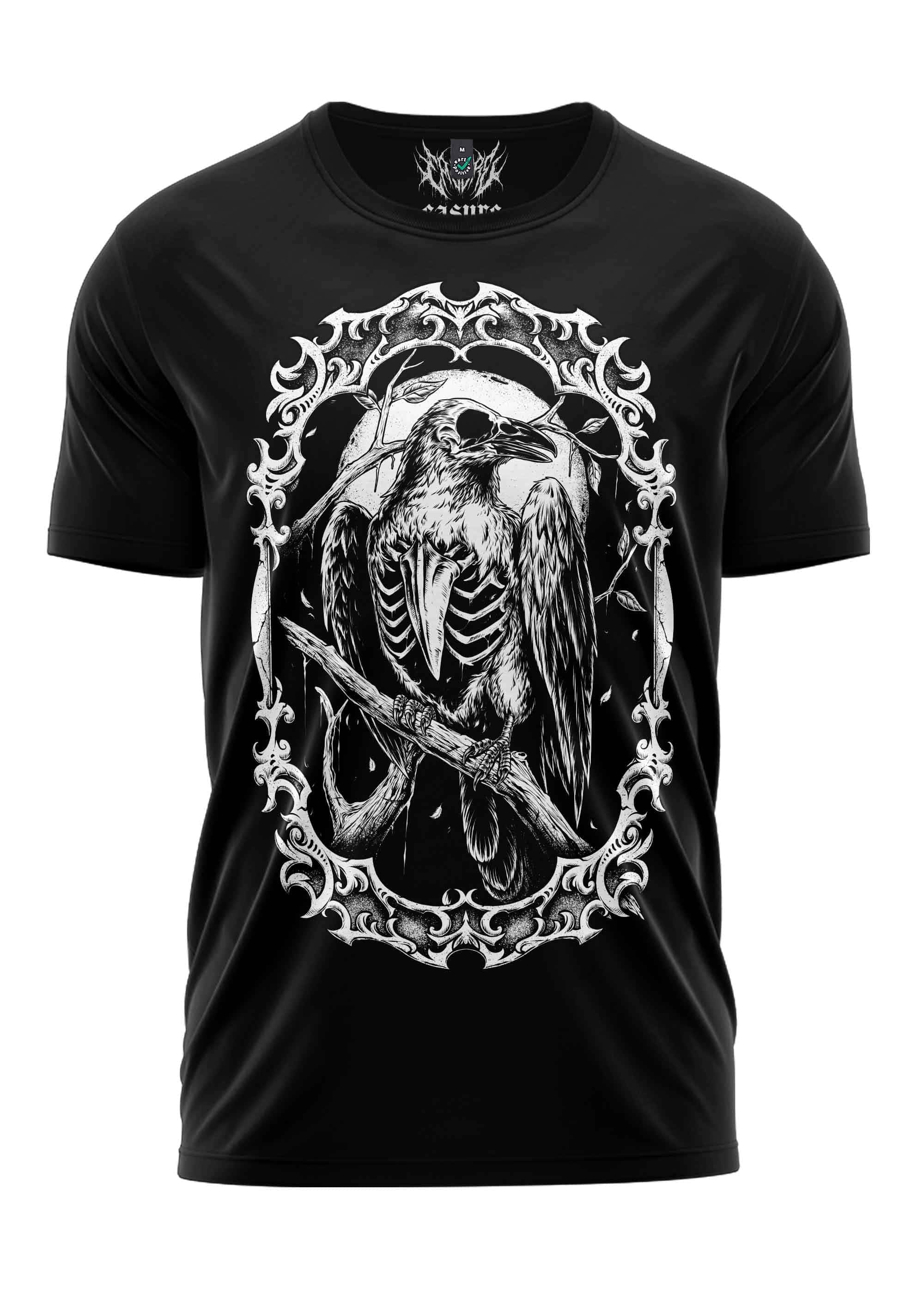 Black short-sleeved gothic horror t-shirt featuring a detailed white skeletal crow graphic framed by baroque scrollwork