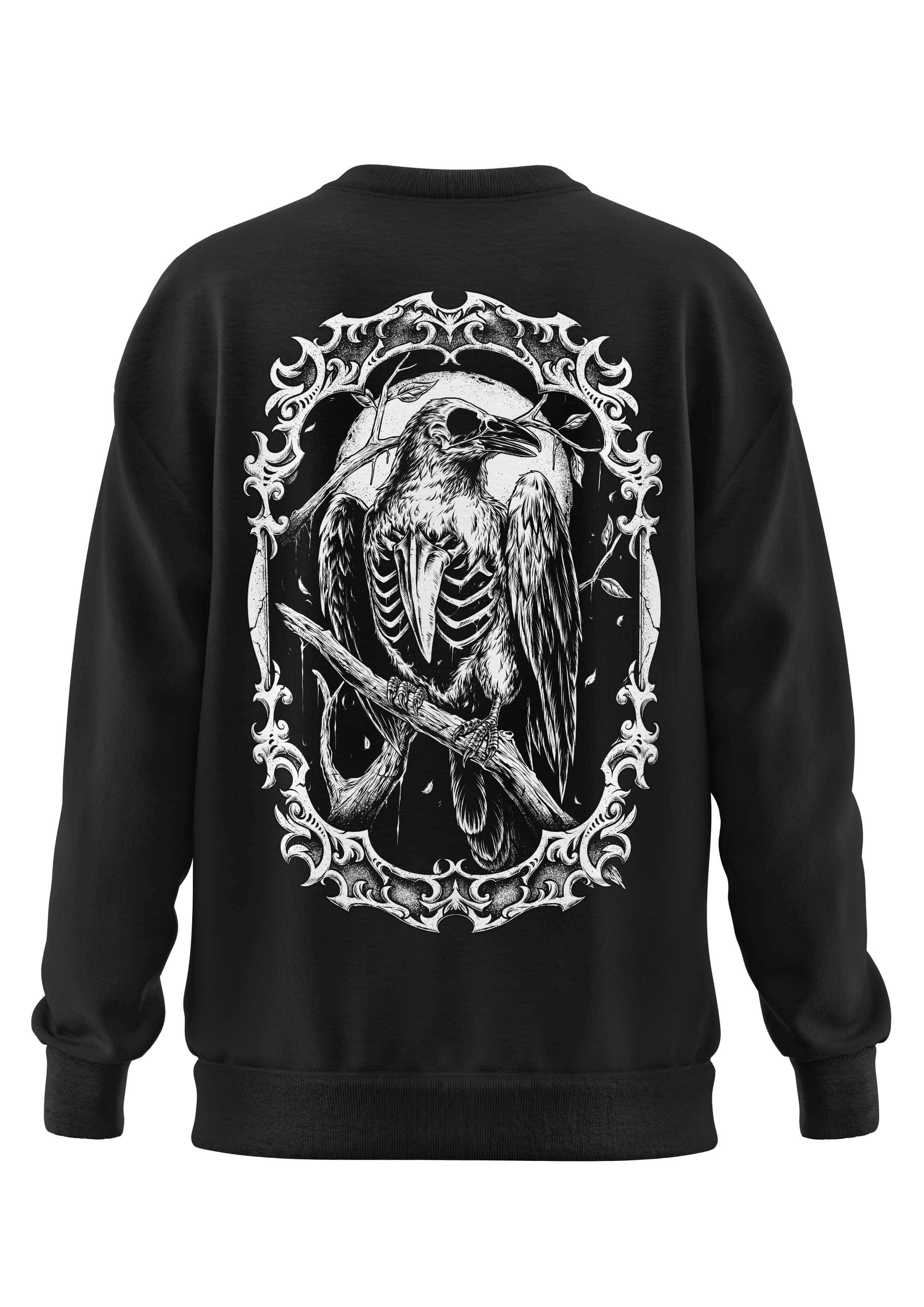 Schweres unisex-sweatshirt the crow aus recyceltem polyester mit weißem skelett-rabe und gotischem scrollwork auf schwarz