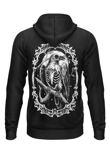 Schwarzer zip-up hoodie mit detaillierter weißer gothic-grafik eines skelettierten raben auf einem ast bitte horror