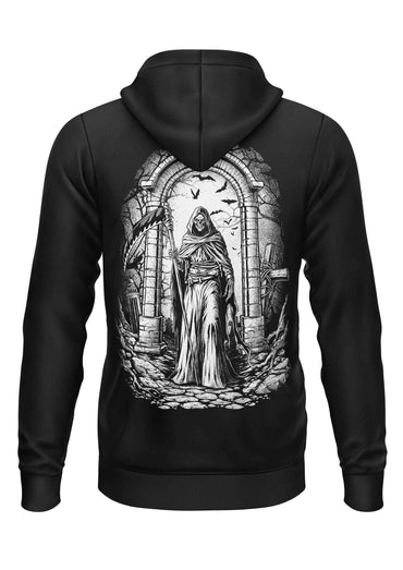 Schwarzer hoodie mit gothic horror motiv der tod vor einem steinbogen mit fledermäusen auf der rückseite