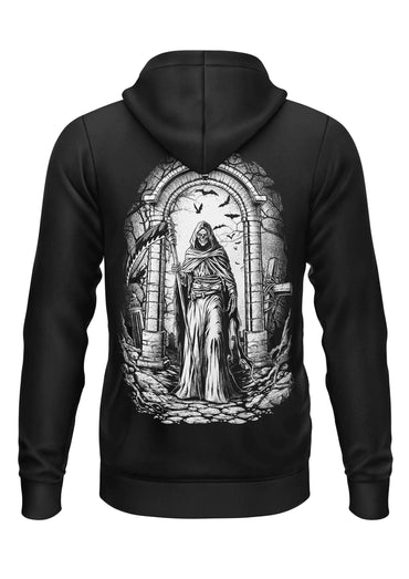 Schwarzer schwerer unisex-zipper aus recyceltem polyester mit detailliertem sensenmann-print im torbogen