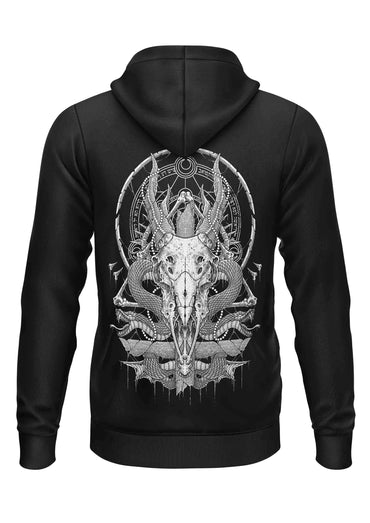 Schwerer unisex hoodie in schwarz mit detailliertem weißen schädel-motiv und schlangen auf der rückseite von lizenzierte bekleidung ltd
