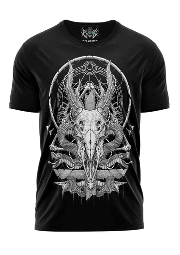 Schwarzes kurzarmshirt the deer mit weißem gothic horror skull mit hörnern und detailliertem schlangenmuster