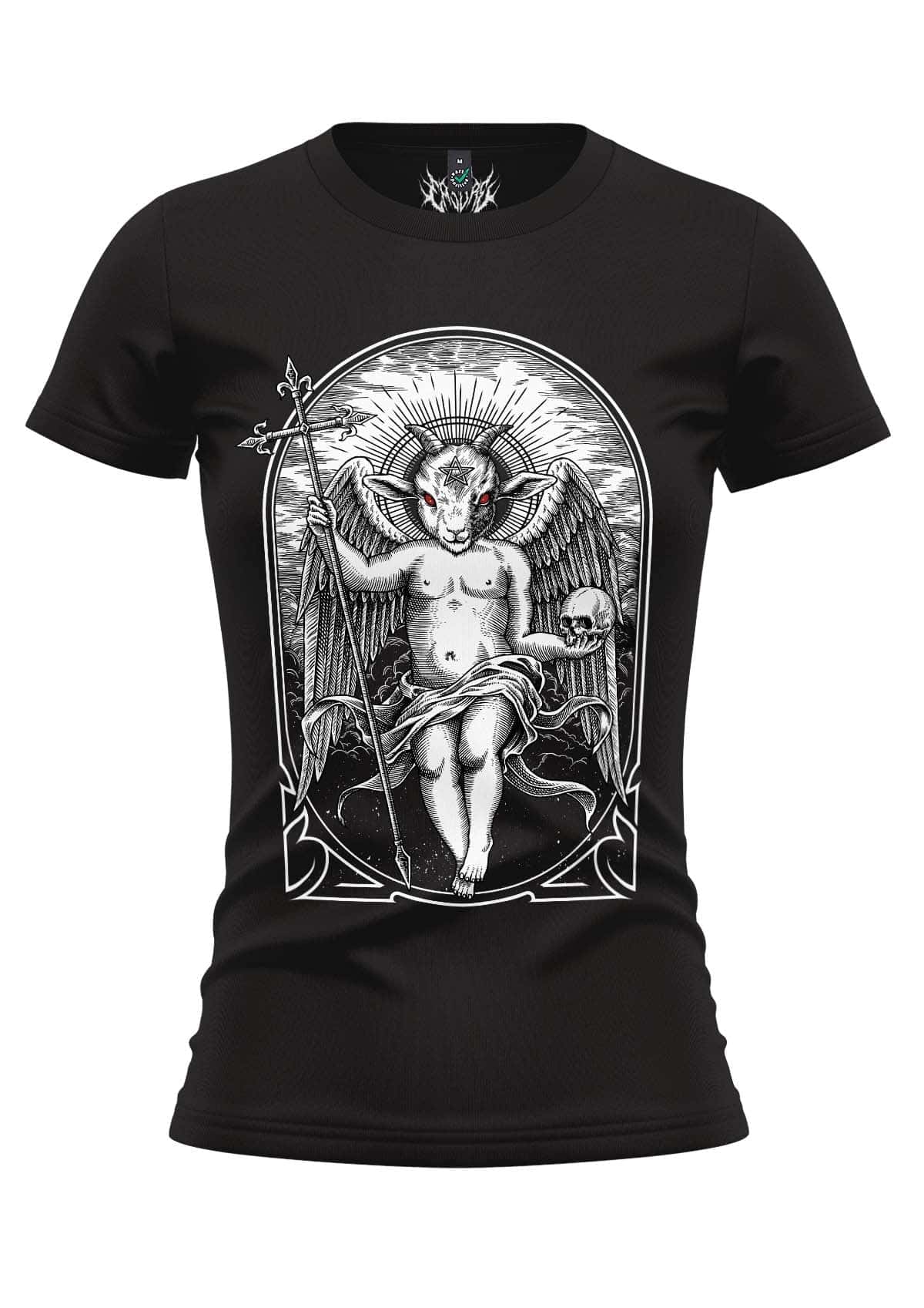 Dämonengel girlierhemd mit detailliertem schwarz-weiß gothic-shirt grafik von baphomet mit flügeln und schädelstaff