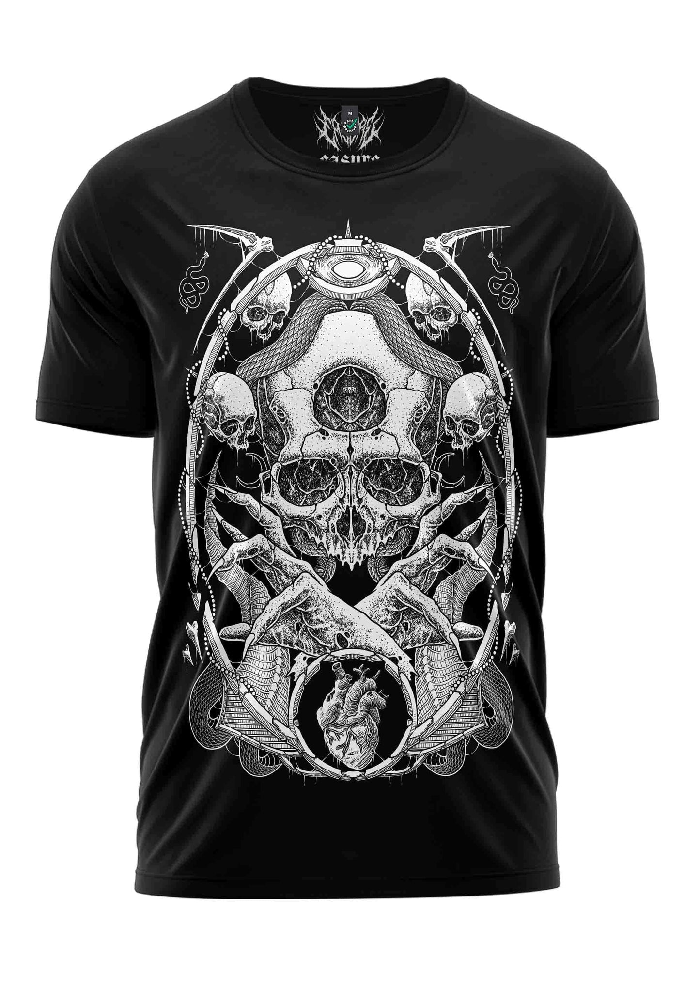 Schwarzes kurzarmshirt the demon mit detailliertem weißem gothic-horror grafikmotiv aus schädeln kettengliedern und anatomischem herzen