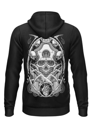 Schwarzer gothic-zipper-hoodie the demon zipper mit detailliertem weißen dämonische motive schädeldesign