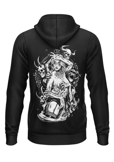 Schwarzer schwerer unisex hoodie mit detailliertem schwarz-weiß grafikdruck eines skeletts und schädeln auf der rückseite gaia lizenzierte bekleidung ltd