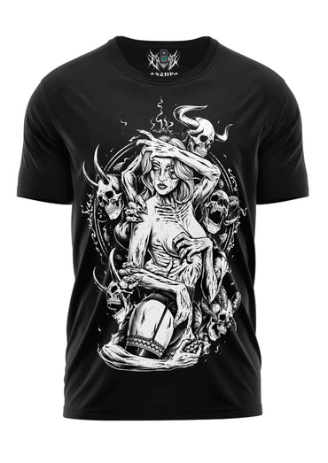 Schweres unisex t-shirt the demons wife in schwarz mit detailliertem skelettmotiv aus strapazierfähigem stoff