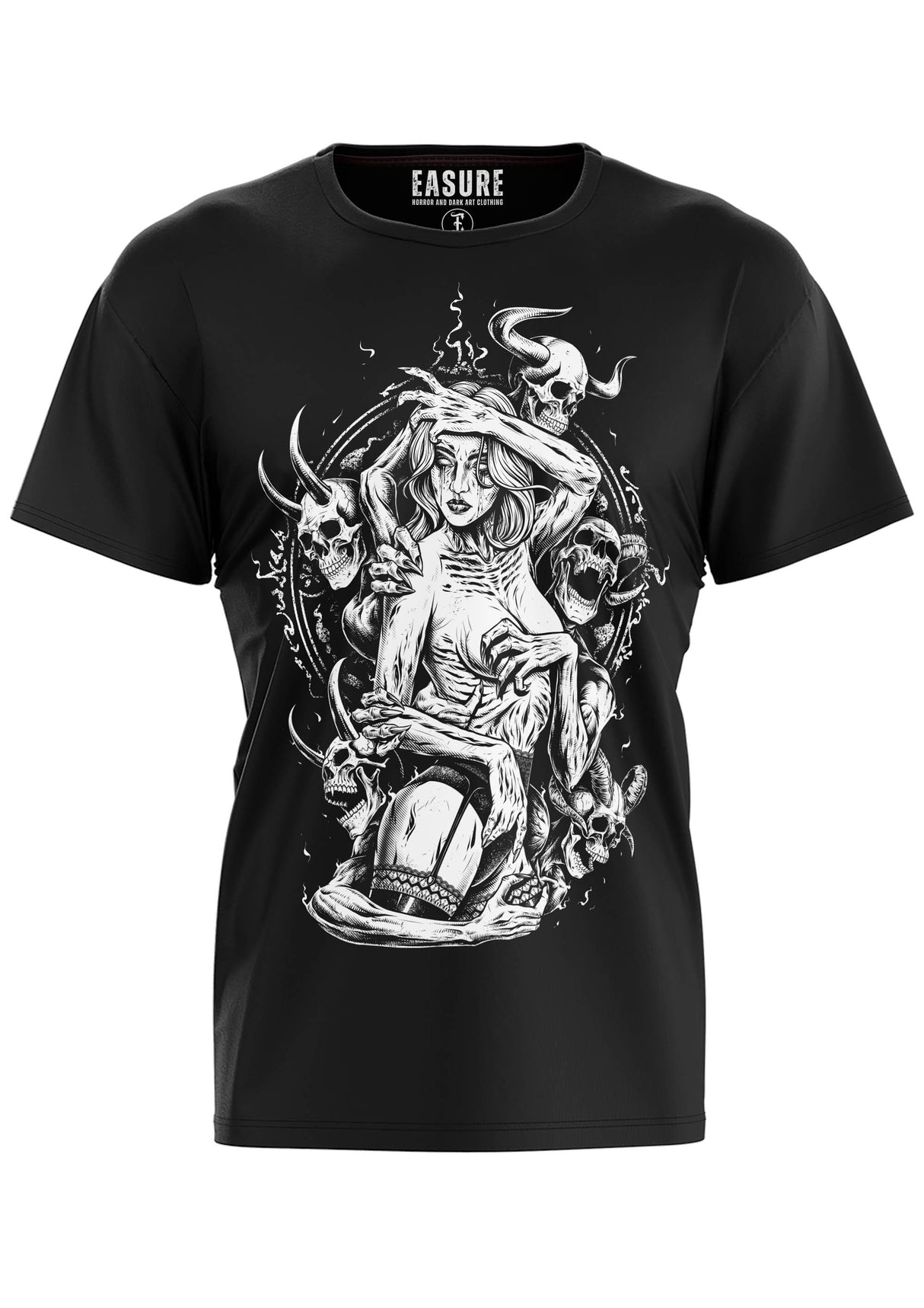 Schwarzes Kurzarm-T-Shirt mit einem detaillierten, makabren Grafikdruck.