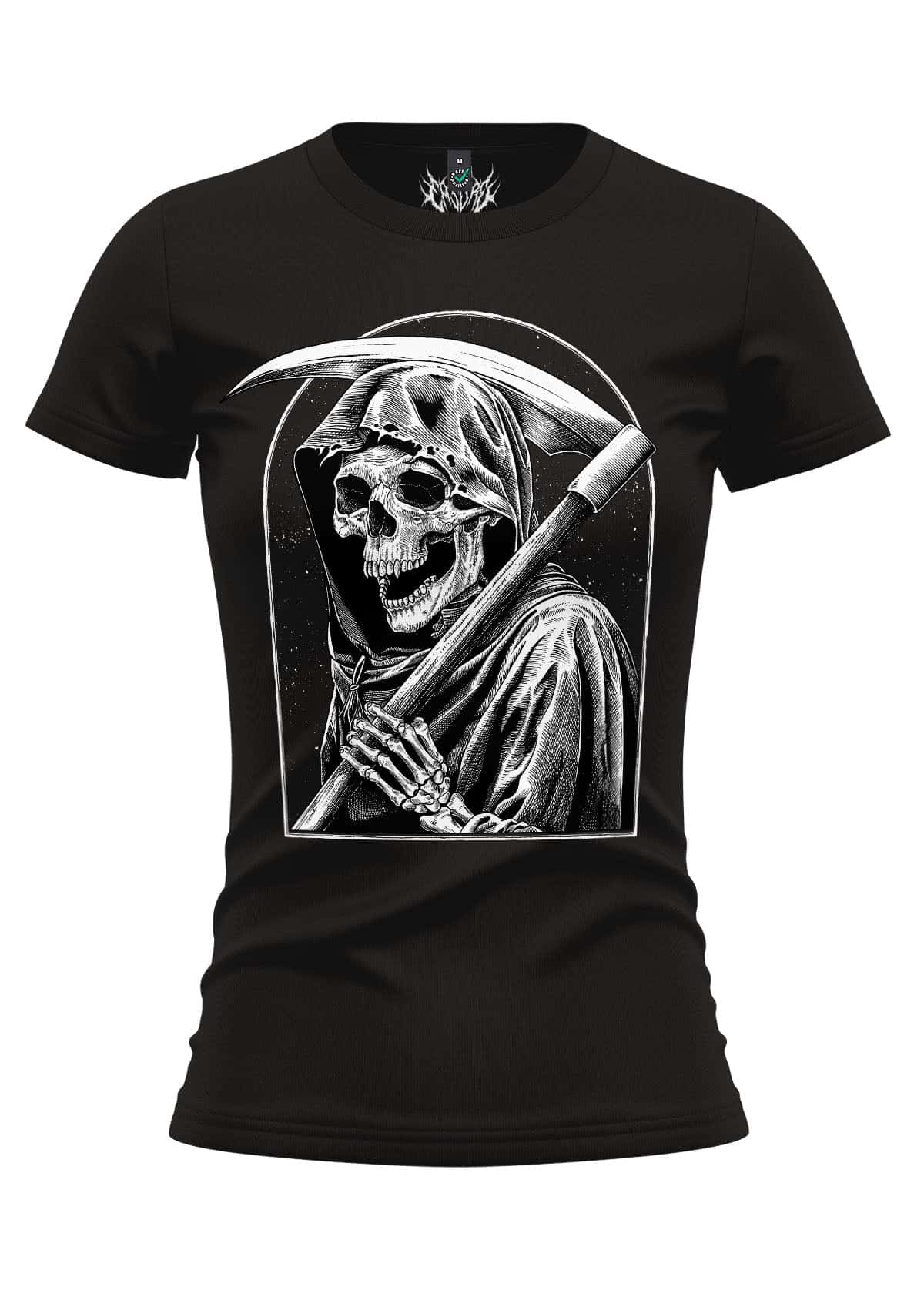 Schwarzes mädchen t-shirt the ending mit detailliertem weißen grim reaper line-art in gotischem rahmen für dunkle mode