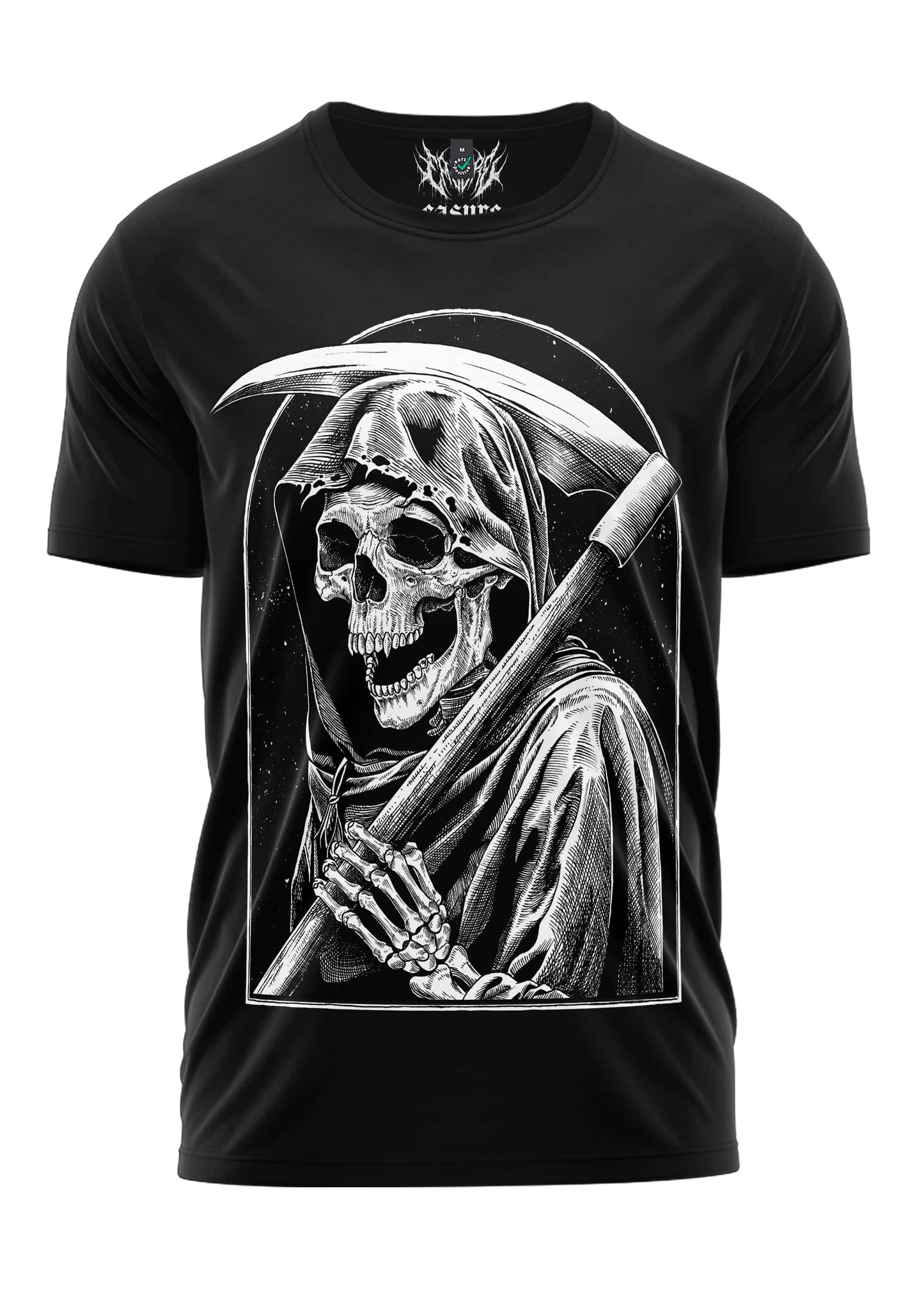 Schwarzes the ending shirt mit detaillierter schwarz-weißer grim reaper illustration und sense auf der vorderseite