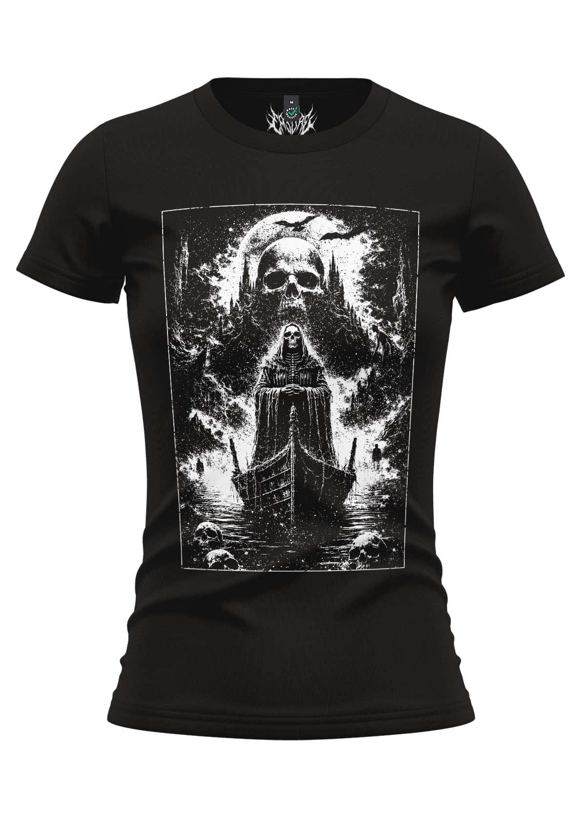Black women’s fitted t-shirt the ferryman featuring a gothic white skeletal figure and skulls in dark horror fashion